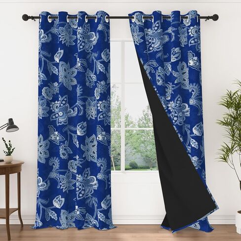 Vintage Floral Blackout Curtains 84 Inches Long 2 Panels, Elegant Black & White Flower Pattern Window Drapes, Light Blocking Thermal Insulated Curtains for Bedroom & Living Room in Saudi Arabia