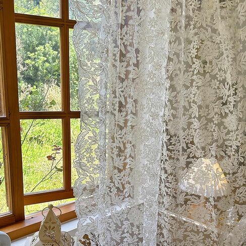 Elegant Floral Lace Sheer Curtains for Bedroom Romantic Flower Embroidered Voile Curtain for Kitchen Vintage Privacy Lace Sheer Tulle Curtains for Living Room Rod Pocket, 2 Panels (Beige,W51 L47 inch) in Kuwait