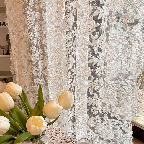 Elegant Floral Lace Sheer Curtains for Bedroom Romantic Flower Embroidered Voile Curtain for Kitchen Vintage Privacy Lace Sheer Tulle Curtains for Living Room Rod Pocket, 2 Panels (Beige,W51 L47 inch) in Kuwait
