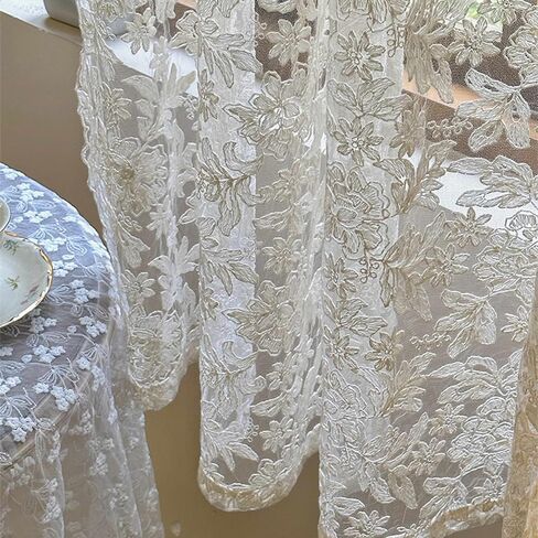Elegant Floral Lace Sheer Curtains for Bedroom Romantic Flower Embroidered Voile Curtain for Kitchen Vintage Privacy Lace Sheer Tulle Curtains for Living Room Rod Pocket, 2 Panels (Beige,W51 L47 inch) in Kuwait