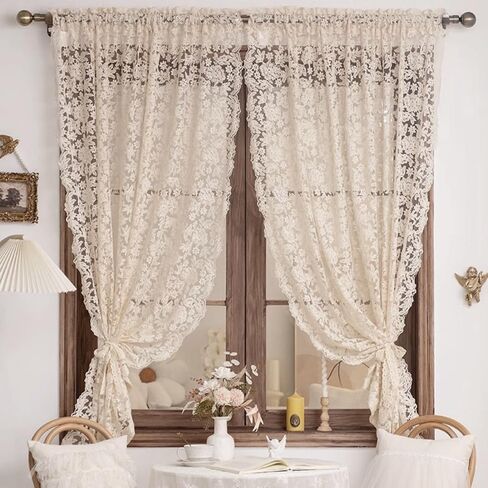 Elegant Floral Lace Sheer Curtains for Bedroom Romantic Flower Embroidered Voile Curtain for Kitchen Vintage Privacy Lace Sheer Tulle Curtains for Living Room Rod Pocket, 2 Panels (Beige,W51 L47 inch) in Kuwait