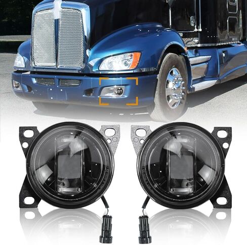 12V Black LED Fog Lights Assembly Pair Set Compatible with Peterbilt 579 587 & Kenworth T660 (2013-2021 Models) - Left & Right Front Fog Lamp Replacement in Saudi Arabia