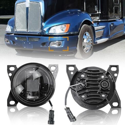 12V Black LED Fog Lights Assembly Pair Set Compatible with Peterbilt 579 587 & Kenworth T660 (2013-2021 Models) - Left & Right Front Fog Lamp Replacement in Saudi Arabia