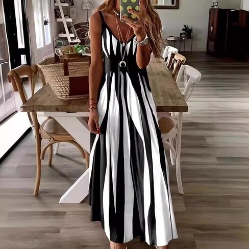 Women's Striped Maxi Dress Sleeveless Bohemian Style Casual Color Block Summer Dress Geometric Pattern Long Dresses in Saudi Arabia