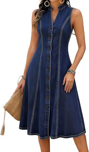 chouyatou Women's Sleeveless Denim Tank Dress V Neck Button Front A Line Midi Jean Sundress with Pockets in Saudi Arabia