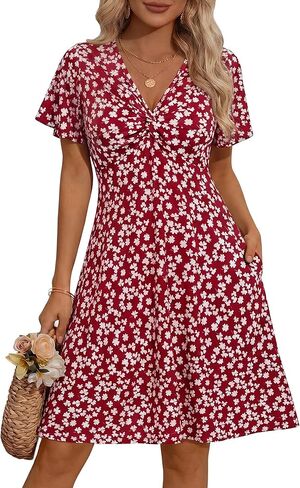 فستان نسائي من MSBASIC برقبة على شكل V من الأمام ومكشكش وأكمام قصيرة فستان صيفي مزين بالزهور 2026 in Kuwait