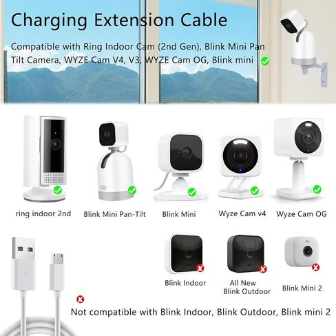 Charger Extension Cable Compatible with Blink Mini Pan Tilt, WYZE Cam V4, Ring Indoor Cam (2nd Gen), Micro USB Extension Power Cord, Waterproof Security Camera Charging Cable, 2 Pack, 16 FT in Kuwait