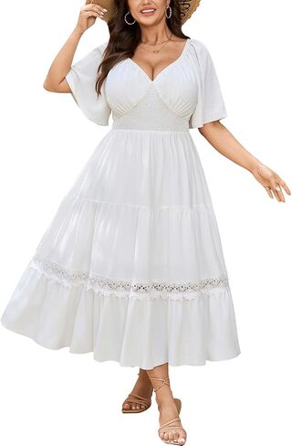 SCOMCHIC Womens Plus Size Summer Dresses Deep V Neck Short Sleeve Smocked Lace Trim Tiered Beach Boho Casual Maxi Dress in Saudi Arabia