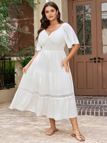 SCOMCHIC Womens Plus Size Summer Dresses Deep V Neck Short Sleeve Smocked Lace Trim Tiered Beach Boho Casual Maxi Dress in Saudi Arabia