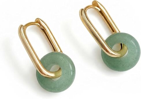 أقراط اليشم الأخضر، أقراط حلقية من الأحجار الكريمة الطبيعية للنساء، أقراط كريستال مصنوعة يدويًا مطلية بالذهب عيار 18 قيراط in Kuwait