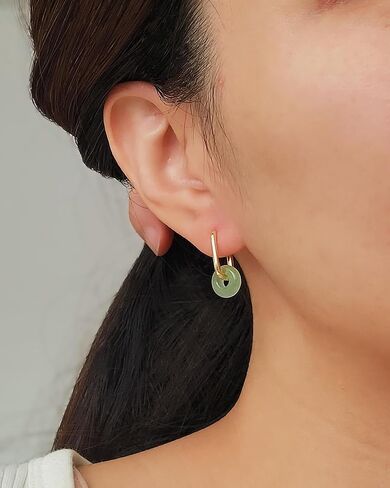 أقراط اليشم الأخضر، أقراط حلقية من الأحجار الكريمة الطبيعية للنساء، أقراط كريستال مصنوعة يدويًا مطلية بالذهب عيار 18 قيراط in Kuwait