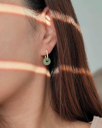 أقراط اليشم الأخضر، أقراط حلقية من الأحجار الكريمة الطبيعية للنساء، أقراط كريستال مصنوعة يدويًا مطلية بالذهب عيار 18 قيراط in Kuwait