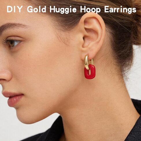 VOJO Chunky Huggie Hoop Earrings 14K Gold Plated Surgical Stainless Steel for Women, DIY Customizable Set with 4 Pairs Multi-Color Removable Charms, Small Thick Polished Gold Hoops, Hypoallergenic in Kuwait