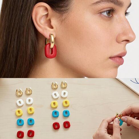 VOJO Chunky Huggie Hoop Earrings 14K Gold Plated Surgical Stainless Steel for Women, DIY Customizable Set with 4 Pairs Multi-Color Removable Charms, Small Thick Polished Gold Hoops, Hypoallergenic in Kuwait