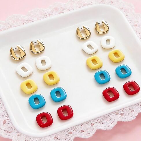 VOJO Chunky Huggie Hoop Earrings 14K Gold Plated Surgical Stainless Steel for Women, DIY Customizable Set with 4 Pairs Multi-Color Removable Charms, Small Thick Polished Gold Hoops, Hypoallergenic in Kuwait