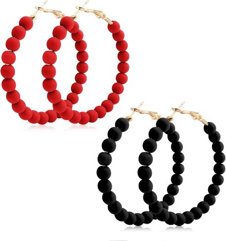 Bohemian Acrylic Beaded Hoop Earrings 2 Pairs Set Bohemian Circle Round Bead Earrings Large Statement Earrings for Women Boho Vintage Acrylic Beads Dangle Earrings(Black,Red) in Saudi Arabia