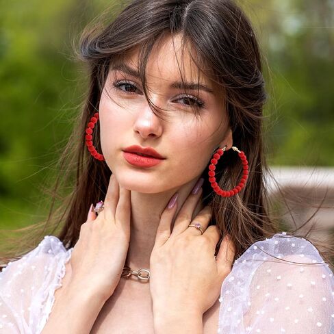 Bohemian Acrylic Beaded Hoop Earrings 2 Pairs Set Bohemian Circle Round Bead Earrings Large Statement Earrings for Women Boho Vintage Acrylic Beads Dangle Earrings(Black,Red) in Saudi Arabia