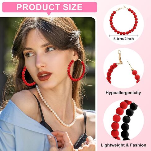 Bohemian Acrylic Beaded Hoop Earrings 2 Pairs Set Bohemian Circle Round Bead Earrings Large Statement Earrings for Women Boho Vintage Acrylic Beads Dangle Earrings(Black,Red) in Saudi Arabia