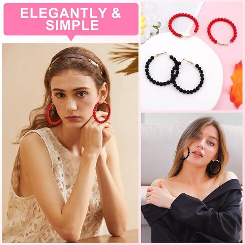 Bohemian Acrylic Beaded Hoop Earrings 2 Pairs Set Bohemian Circle Round Bead Earrings Large Statement Earrings for Women Boho Vintage Acrylic Beads Dangle Earrings(Black,Red) in Saudi Arabia