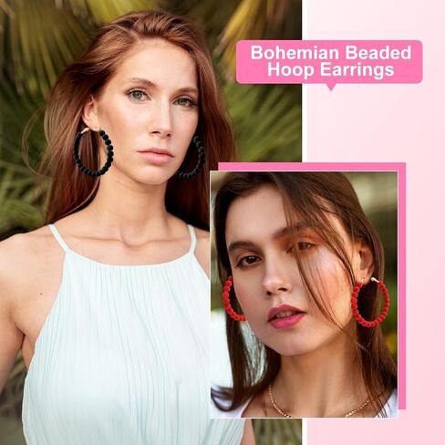 Bohemian Acrylic Beaded Hoop Earrings 2 Pairs Set Bohemian Circle Round Bead Earrings Large Statement Earrings for Women Boho Vintage Acrylic Beads Dangle Earrings(Black,Red) in Saudi Arabia