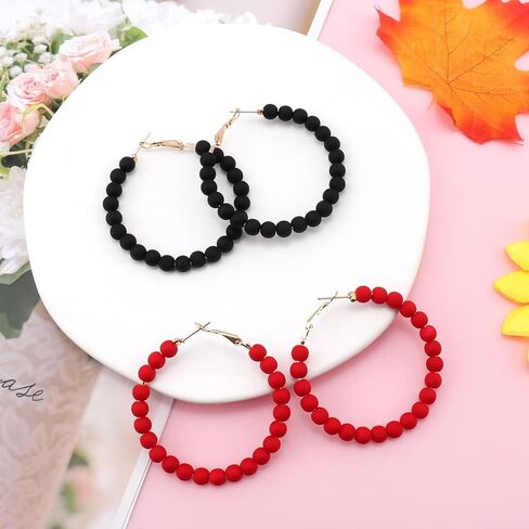 Bohemian Acrylic Beaded Hoop Earrings 2 Pairs Set Bohemian Circle Round Bead Earrings Large Statement Earrings for Women Boho Vintage Acrylic Beads Dangle Earrings(Black,Red) in Saudi Arabia