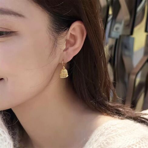 الذهب لهجة الهندي Jhumki جرس هوب خمر بيان الأقراط للنساء الرجعية العرقية البوهيمي الجوف Jhumka جولة أجراس شرابة تتدلى انخفاض القرط بوليوود التقليدية بوهو الغجر Huggie الأطواق مجوهرات in Saudi Arabia