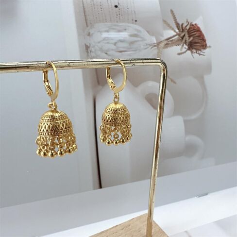 الذهب لهجة الهندي Jhumki جرس هوب خمر بيان الأقراط للنساء الرجعية العرقية البوهيمي الجوف Jhumka جولة أجراس شرابة تتدلى انخفاض القرط بوليوود التقليدية بوهو الغجر Huggie الأطواق مجوهرات in Saudi Arabia