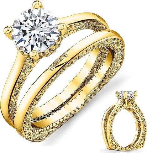 Metal Masters 1.6Ct Moissanite Engagement Bridal Set Carved Scrolls Halo Wedding Ring 18K Gold Silver in Kuwait