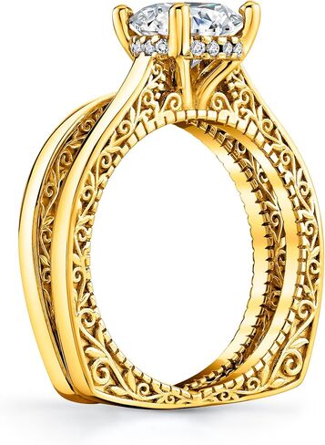 Metal Masters 1.6Ct Moissanite Engagement Bridal Set Carved Scrolls Halo Wedding Ring 18K Gold Silver in Kuwait