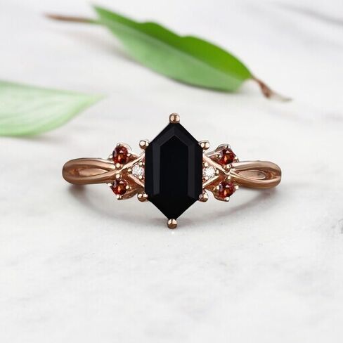 Hexagon Black Onyx Engagement Ring 14K Rose Gold Garnet Cluster Ring Vintage Inspired Design Christmas Gift for Women in Saudi Arabia