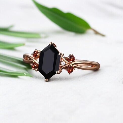 Hexagon Black Onyx Engagement Ring 14K Rose Gold Garnet Cluster Ring Vintage Inspired Design Christmas Gift for Women in Saudi Arabia