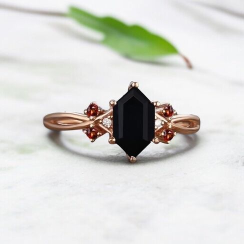 Hexagon Black Onyx Engagement Ring 14K Rose Gold Garnet Cluster Ring Vintage Inspired Design Christmas Gift for Women in Saudi Arabia