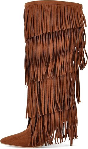 Women's Fringed Knee High Boots Pointy Toe Stilettos Faux Suede High Heels Boot in Kuwait