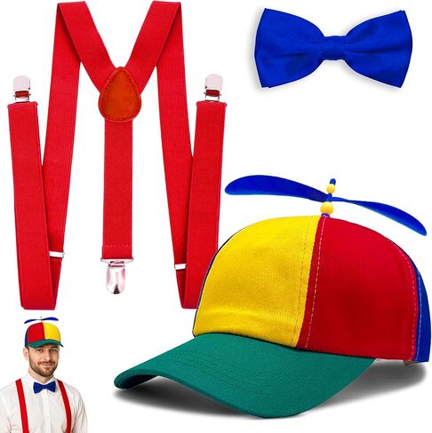 Funny Rainbow Helicopter Hat with Spinning Propeller, Blue Bow Tie & Red Suspenders Braces Set – Adult Clown Costume Accessory Novelty Costume Headwear Party Gag Gift in Saudi Arabia