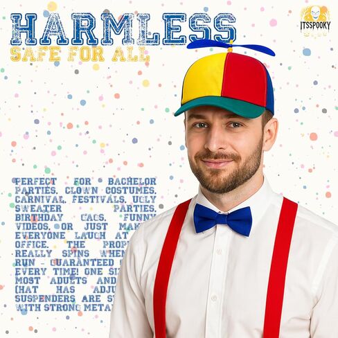 Funny Rainbow Helicopter Hat with Spinning Propeller, Blue Bow Tie & Red Suspenders Braces Set – Adult Clown Costume Accessory Novelty Costume Headwear Party Gag Gift in Saudi Arabia