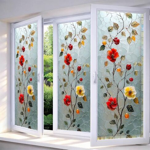 IVN Privacy Window Film Stained Glass Window Cling Pink Blossom Design Decorative Static Cling Glass Film for Bathroom Kitchen Door Panel 17.7 x 39.3 Inch in Saudi Arabia