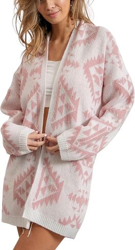 Womens Casual Cardigan Boho Geometric Pattern Open Front Sweater Pink White Aztec Design Fall Winter Layer in Kuwait