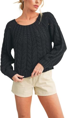 Womens Casual Cable Knit Chic Braided Pattern Sweater Black Long Sleeve Round Neck Chunky Winter Pullover in Kuwait