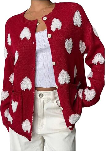 SweatyRocks Women's Heart Cardigan Sweater Long Sleeve Crewneck Button Down Cardigans with Pockets in Saudi Arabia