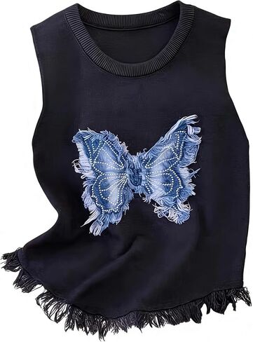 Women's Elegant Butterfly Embroidered Tassel Knit Vest, Suitable for All Seasons, Layering Sweater Vest in Saudi Arabia