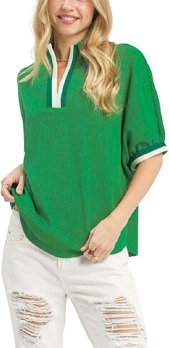 Women's Casual Pullover Collared Contrast Trim Green in Kuwait