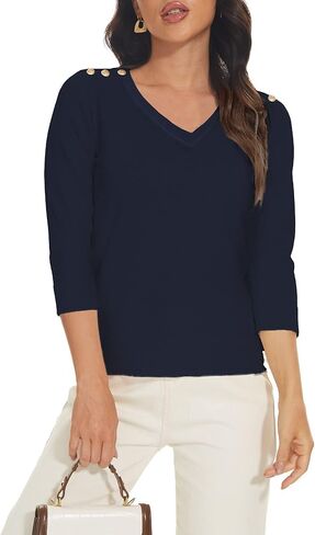 Spicy Sandia Women's 3/4 Sleeve V Neck Pullover Sweaters Lightweight Dressy Casual Trendy Knit Top Shirt in Kuwait