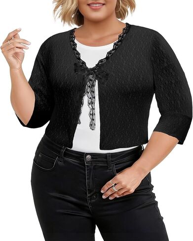 Lastshe المرأة حجم كبير تجاهلت الدانتيل سترة 3/4 كم نمط الأزهار بوليرو شير أعلى التعادل الجبهة تجاهلت in Kuwait