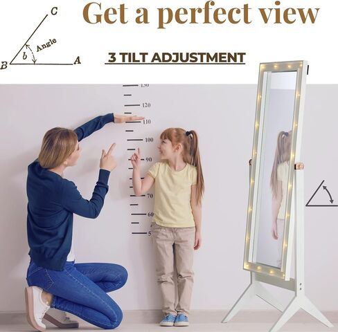 LUXFURNI Full Length Mirror With Stand, Full Body for Bedroom, Floor Cheval With Lights, Free Standing in Kuwait