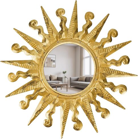 مرآة حائط ذهبية للشمس مزخرفة بإطار معدني مقاس 24 بوصة، مرآة Sunburst Boho لمدخل غرفة النوم وغرفة المعيشة والحمام ومنزل دافئ وهدايا منزلية جديدة أساسية in Saudi Arabia