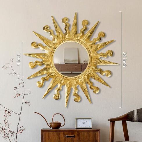 مرآة حائط ذهبية للشمس مزخرفة بإطار معدني مقاس 24 بوصة، مرآة Sunburst Boho لمدخل غرفة النوم وغرفة المعيشة والحمام ومنزل دافئ وهدايا منزلية جديدة أساسية in Saudi Arabia