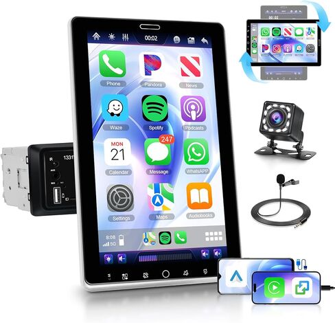 Podofo 10.4" Single Din Radio Car Stereo with Wireless CarPlay & Android Auto, Rotatable Touch Screen, Bluetooth, 16-Band EQ Audio, Mirror Link, SWC, FM, USB, TF, Backup Camera in Saudi Arabia