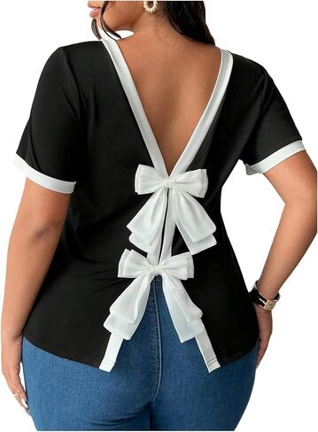 SOLY HUX Women's Plus Size Bow T Shirt Short Sleeve Crew Neck Tee Summer Open Back Going Out Tops in Saudi Arabia