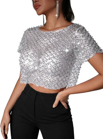 Remidoo Women Sparkly Rhinestone Mesh Crop Top See Through Short Sleeve Cropped Shirt in Kuwait
