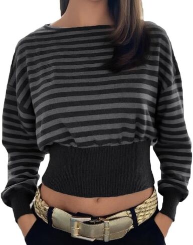 Women's Off Shoulder Long Sleeve Striped Shirt Y2K Oversized Gothic Aesthetic Grunge Shirt Going Out Tee Tops in Saudi Arabia